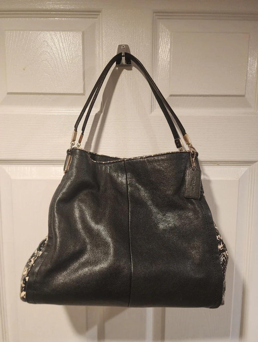 Coach Madison Phoebe Black Two-Tone Python Leather Shoulder Bag Tote Purse